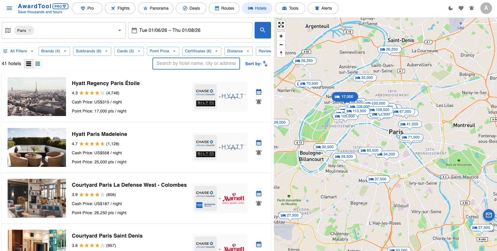 AwardTools Hotels Feature Showing Hotel Pricing in Paris