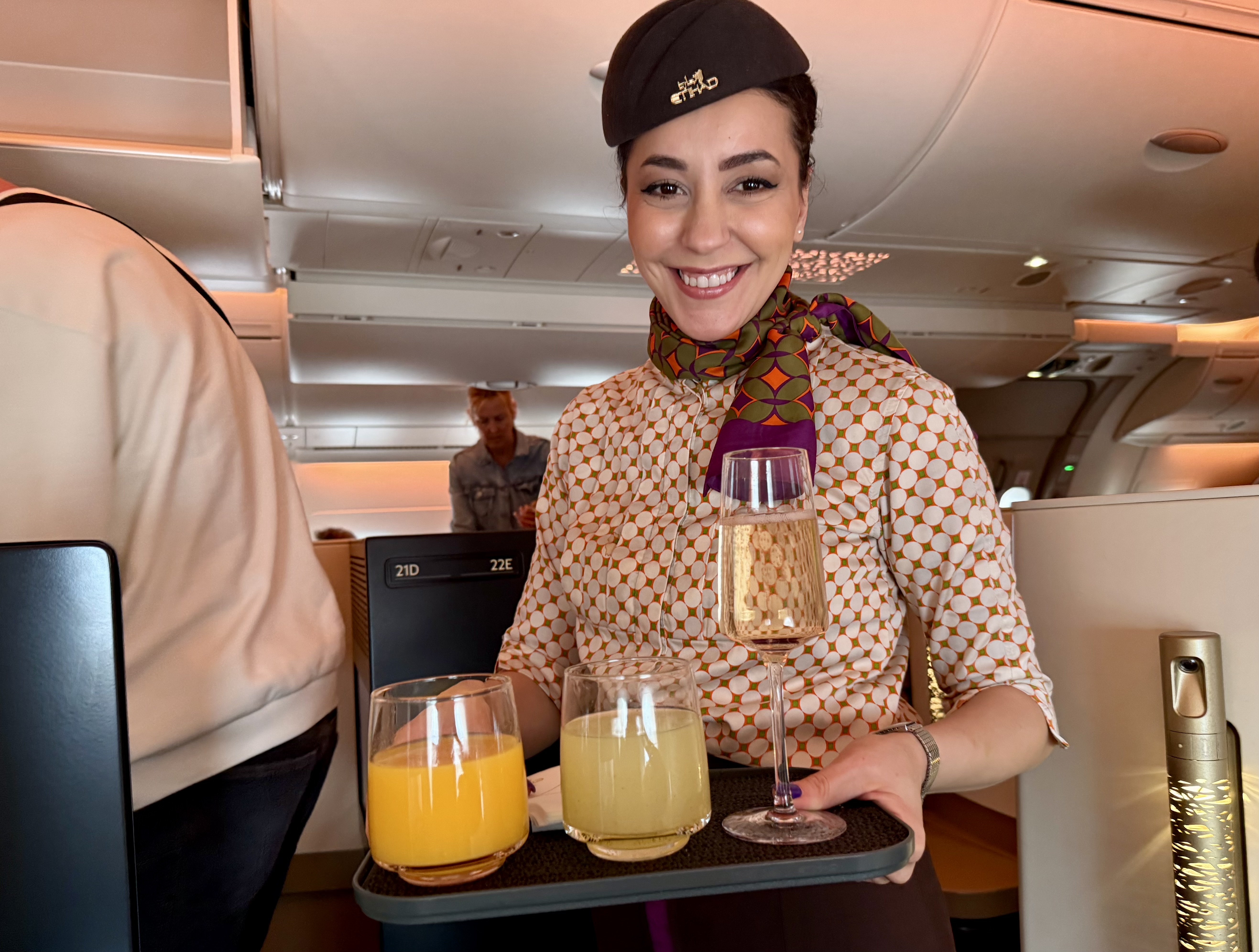Etihad Business Class welcome drink Etihad Business Class welcome drink
