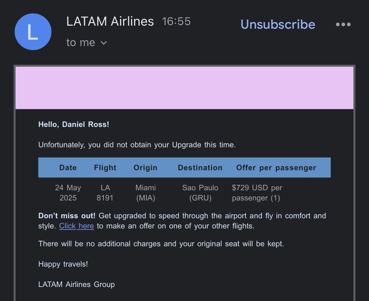 LATAM upgrade rejection email