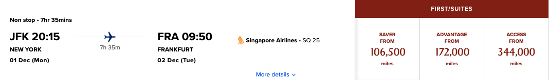 Singapore JFK FRA 106.5k First Class award Singapore JFK FRA 106.5k First Class award