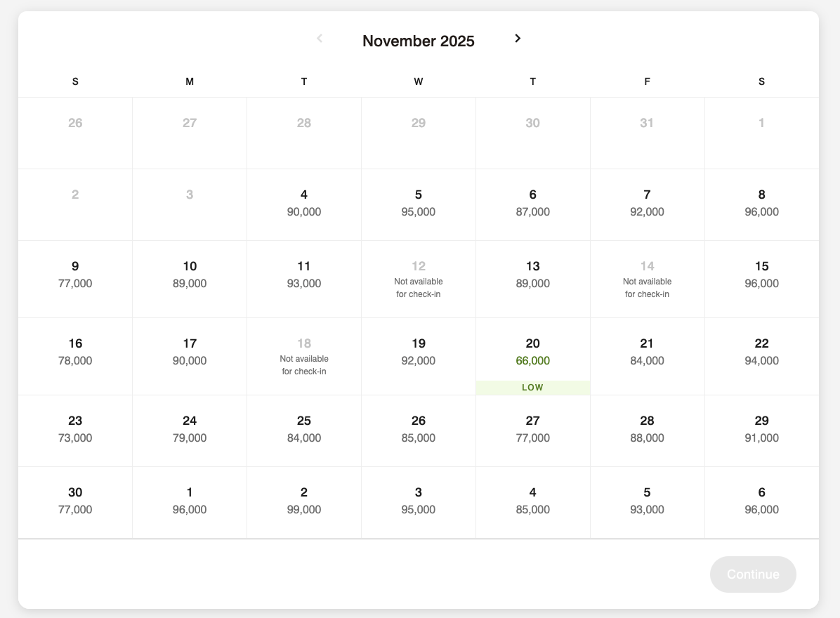 St. Regis Chicago points calendar Nov. 2025 St. Regis Chicago points calendar Nov. 2025