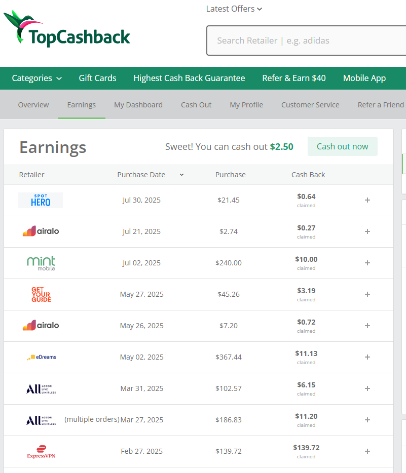 TopCashback earnings TopCashback earnings