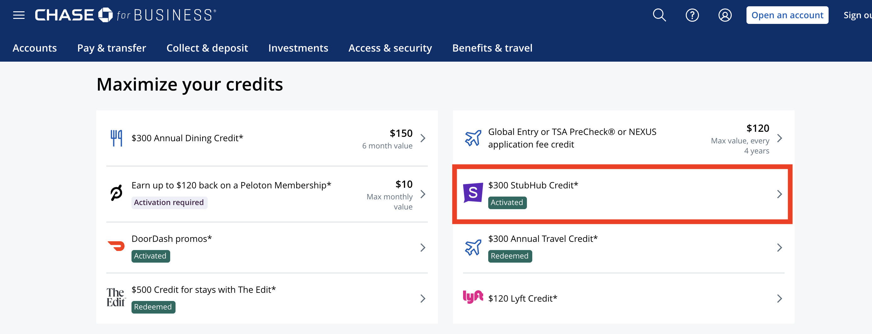 Activate Chase StubHub credit
