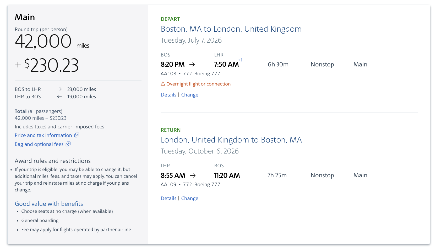 American AAdvantage BOS LHR 42k miles American AAdvantage BOS LHR 42k miles
