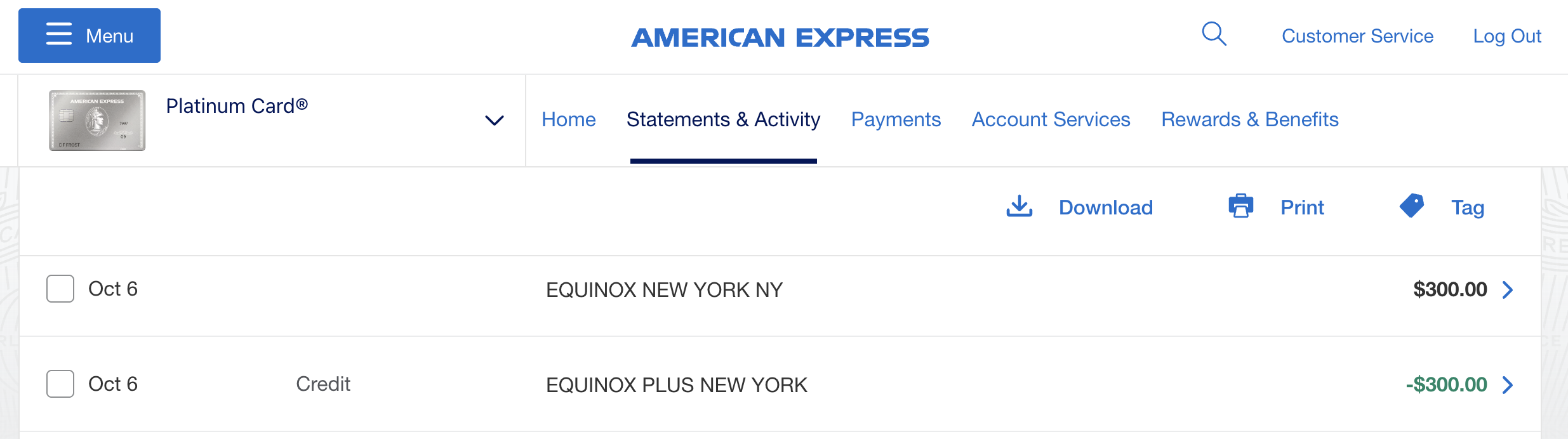 Amex Platinum Equinox statement credit Amex Platinum Equinox statement credit