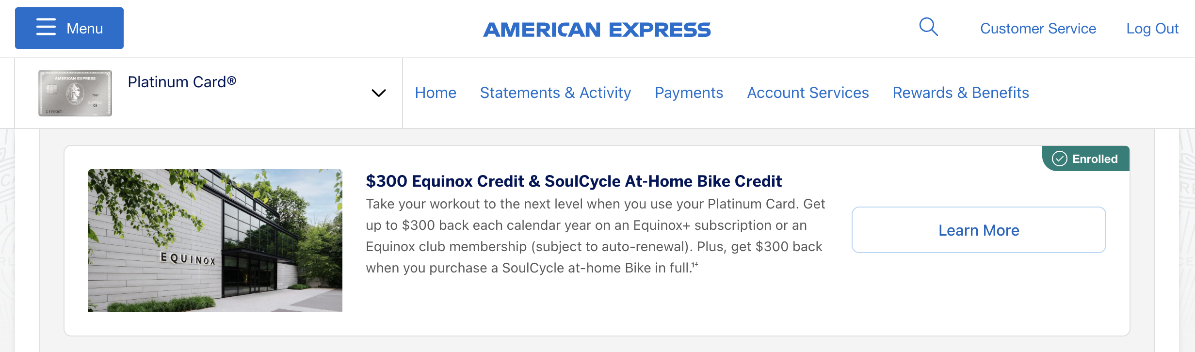 Amex Platinum card Equinox credit enrollment Amex Platinum card Equinox credit enrollment