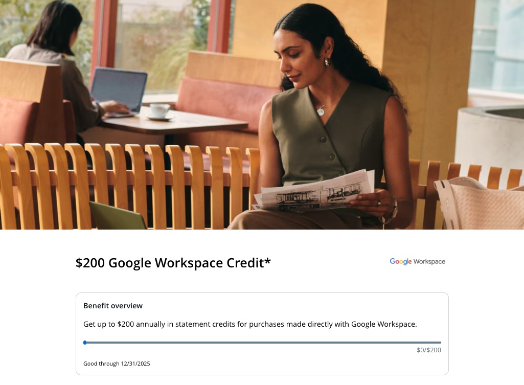 Screenshot of Chase Sapphire Reserve Business card Google Workspace credit