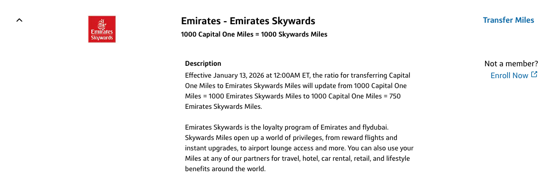Capital One Emirates transfer devaluation message
