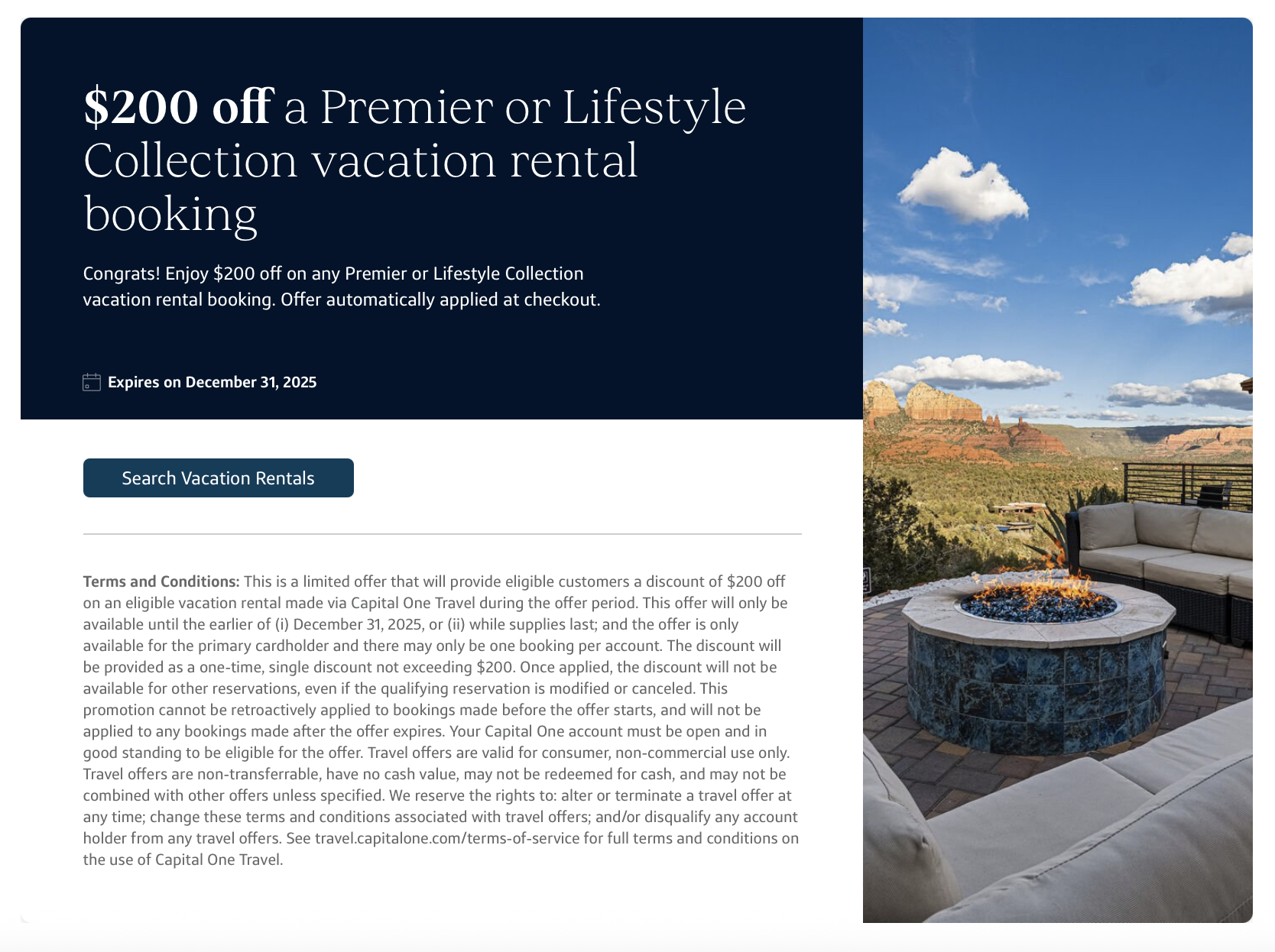 Capital One Premier and Lifestyle vacation rental offer
