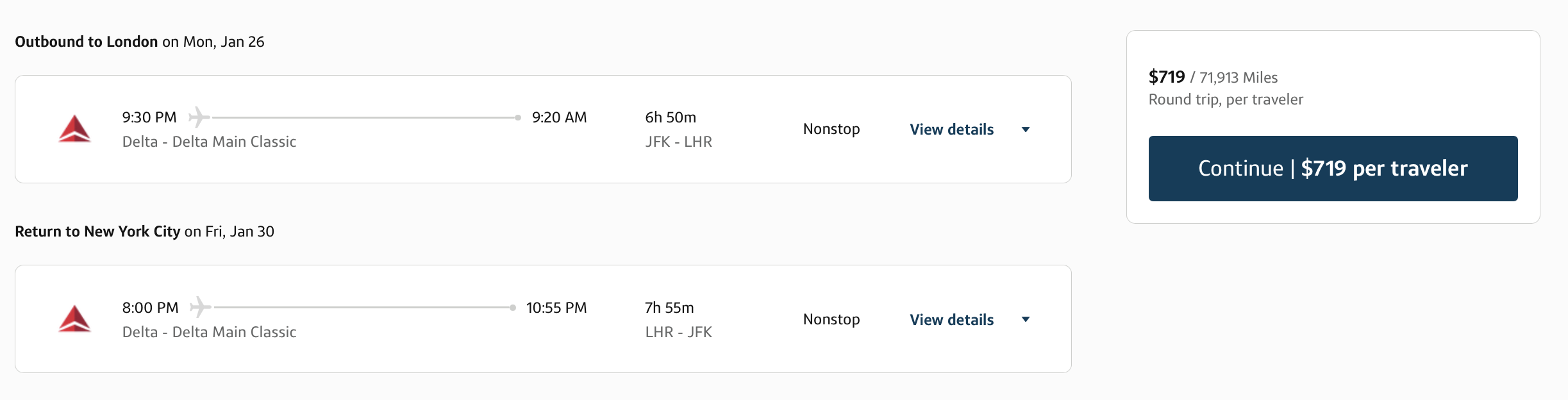 Delta Air Lines flight from New York to London on Capital One Travel
