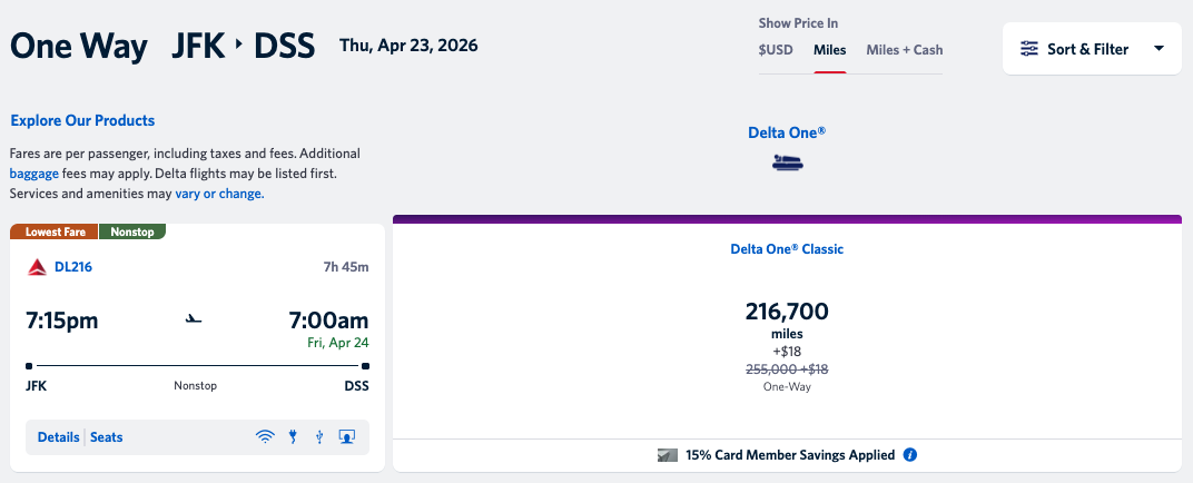 Delta One award cardholder discount JFK DSS Delta One award cardholder discount JFK DSS