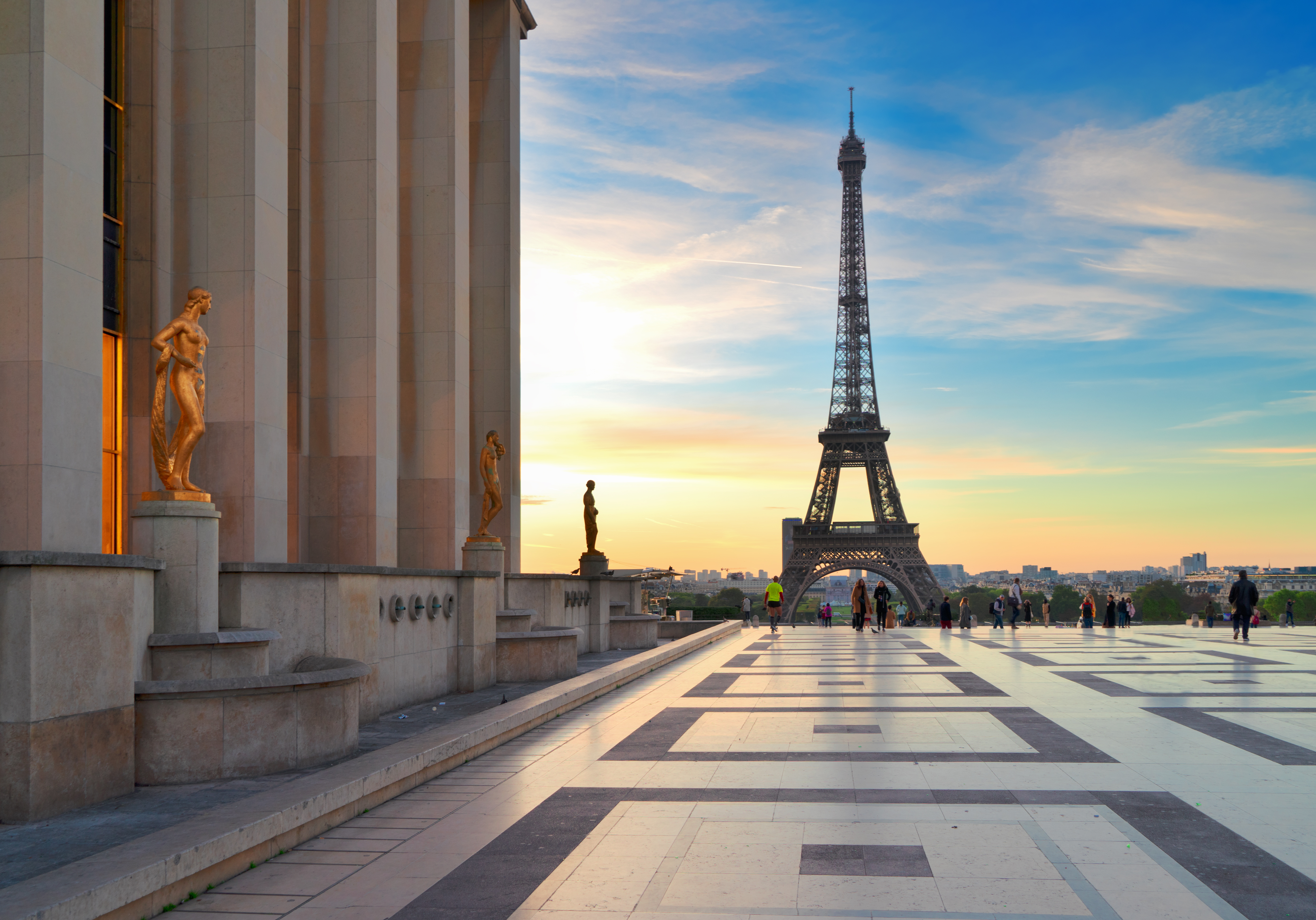 Eiffel Tower from Gardens of the Trocadero square at sunrise, Paris France