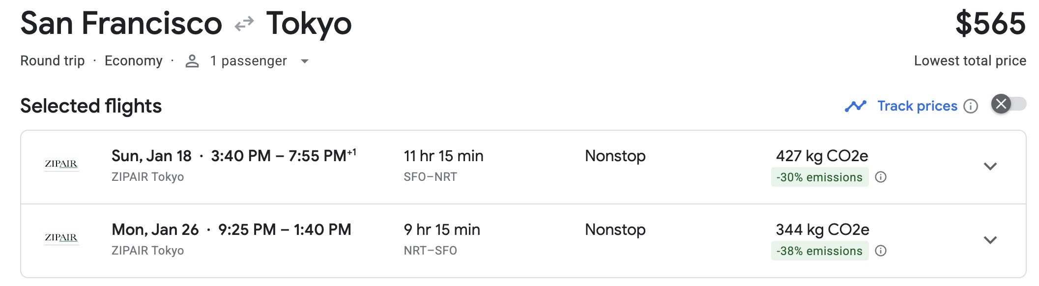 Google Flights SFO NRT zippair