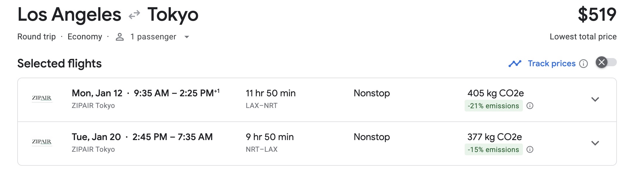 Google Flights Zipair