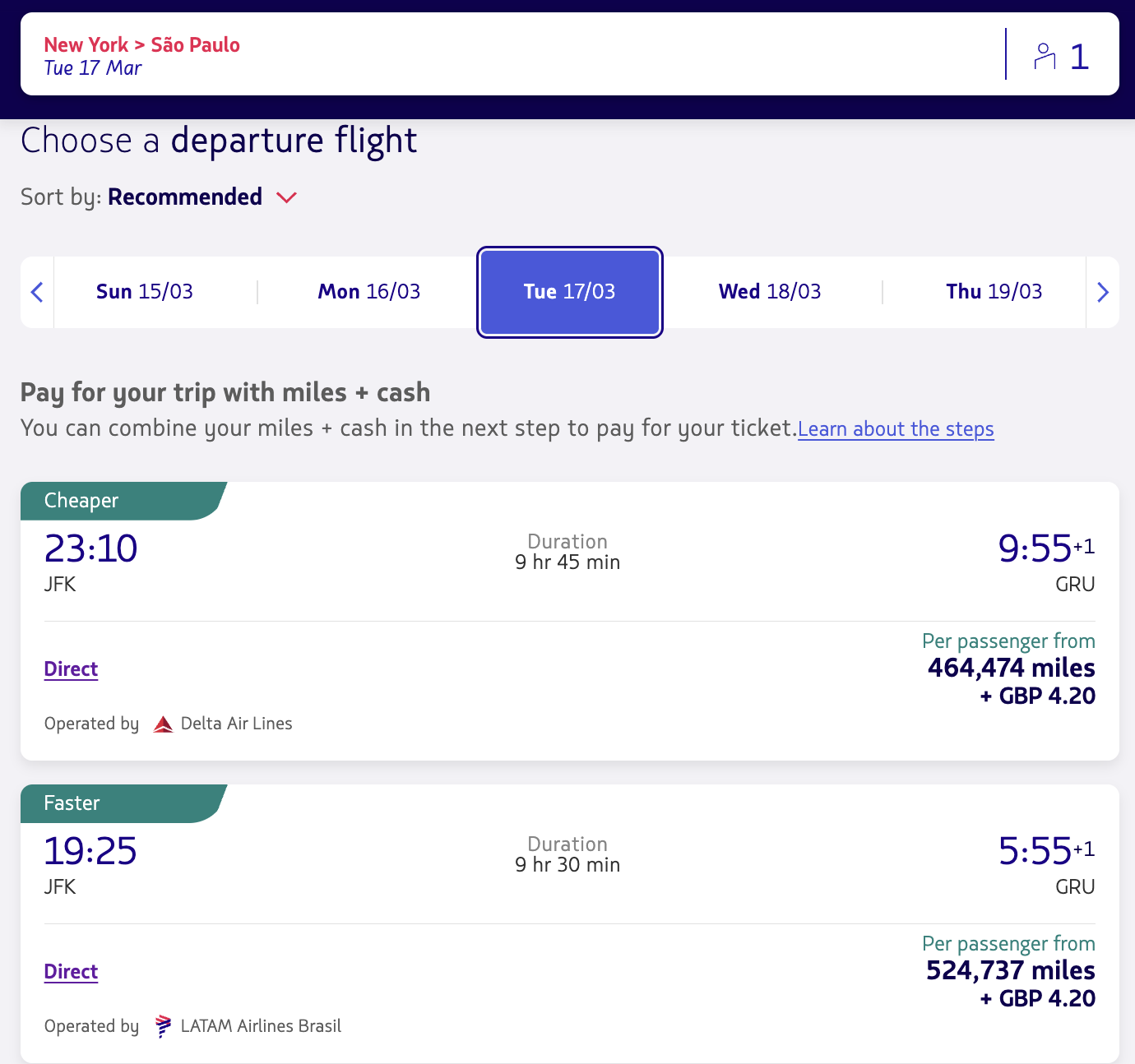 JFK to Sao Paulo LATAM redemption in business class