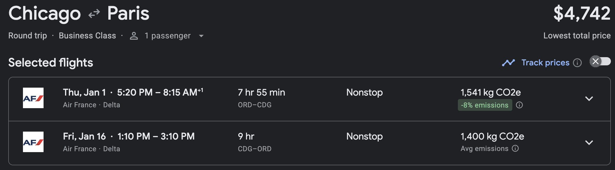 ORD CDG Google Flights cash price business class 1 ORD CDG Google Flights cash price business class 1