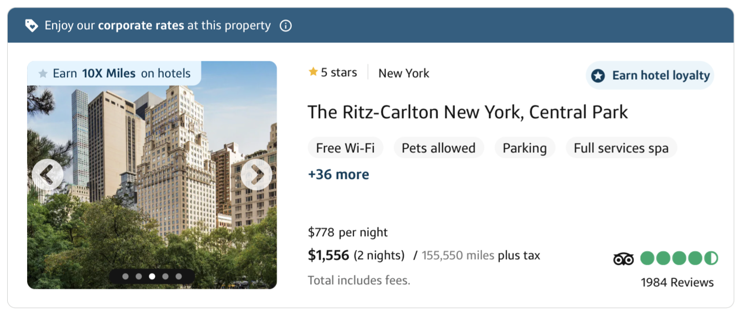 Ritz Carlton New York on Capital One Business Travel