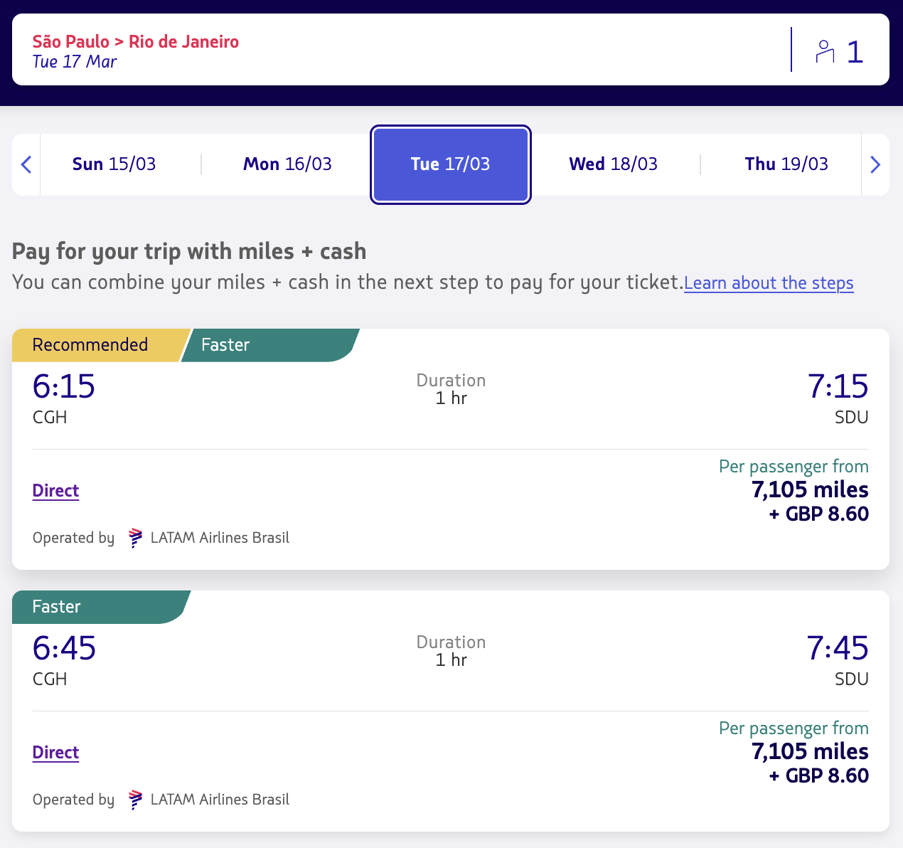 Sao Paulo to Rio de Janeiro LATAM redemption in economy