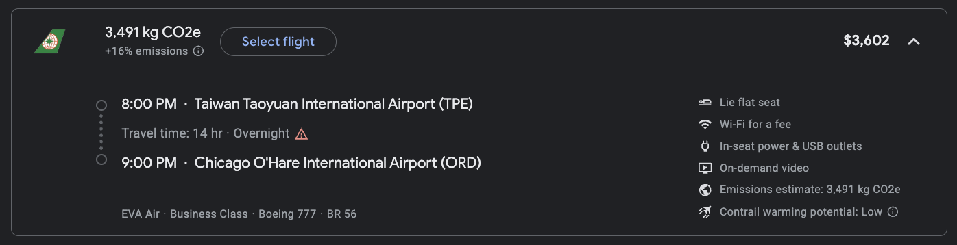 TPE ORD business class cash fare TPE ORD business class cash fare