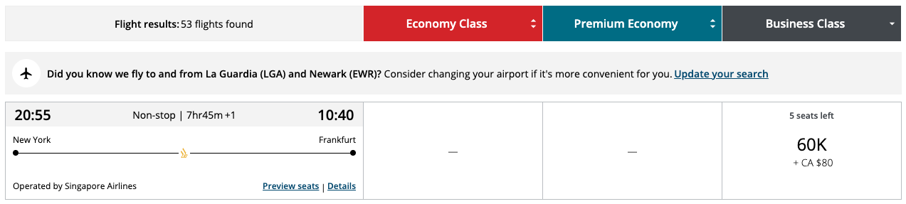 Aeroplan award JFK FRA Singapore business Aeroplan award JFK FRA Singapore business