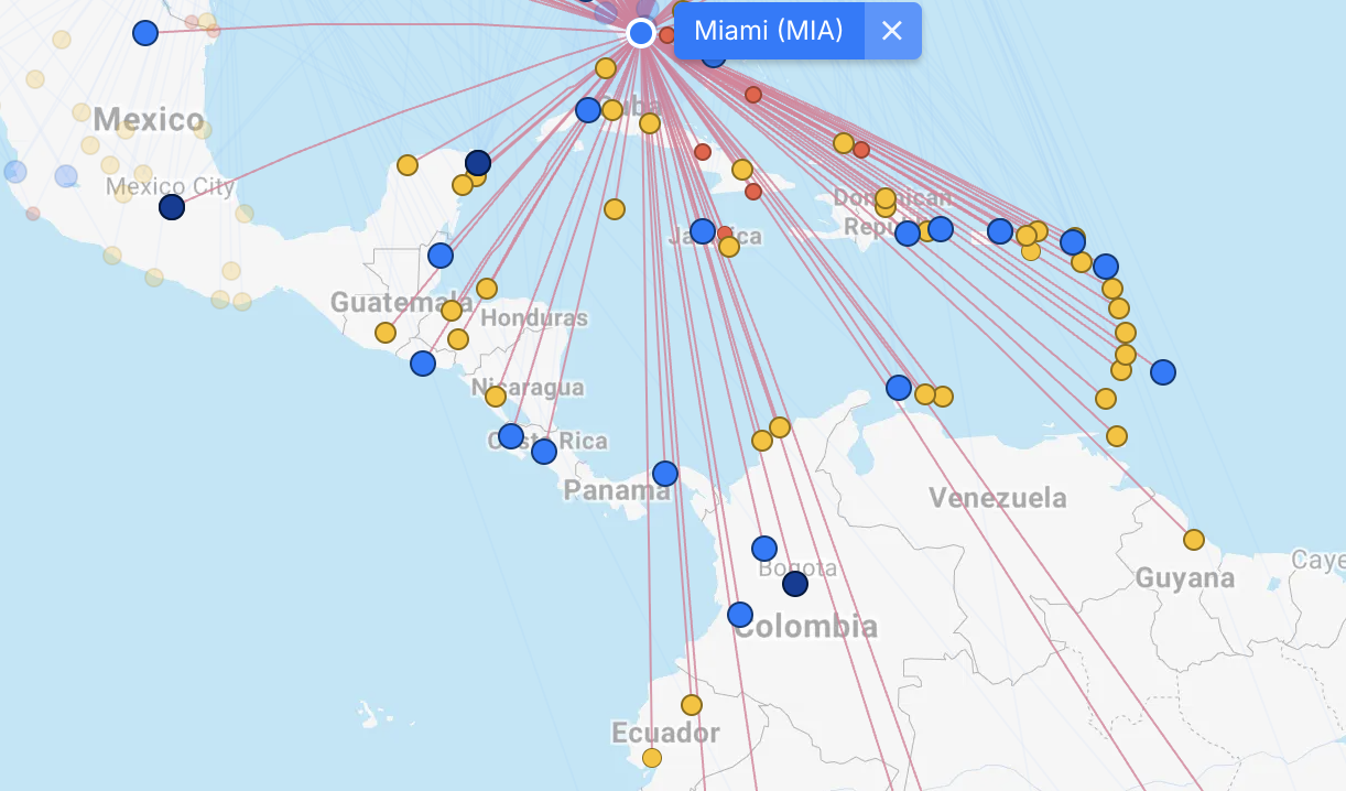 American Airlines route map from Miami MIA American Airlines route map from Miami MIA