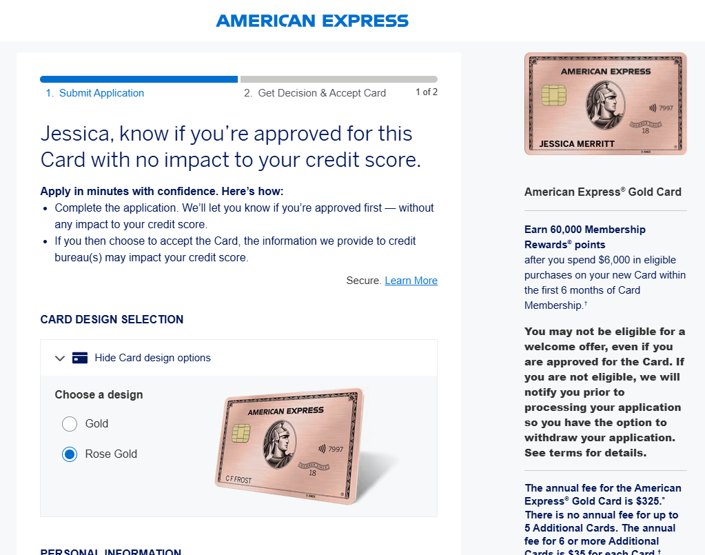American Express Amex Gold card application American Express Amex Gold card application page
