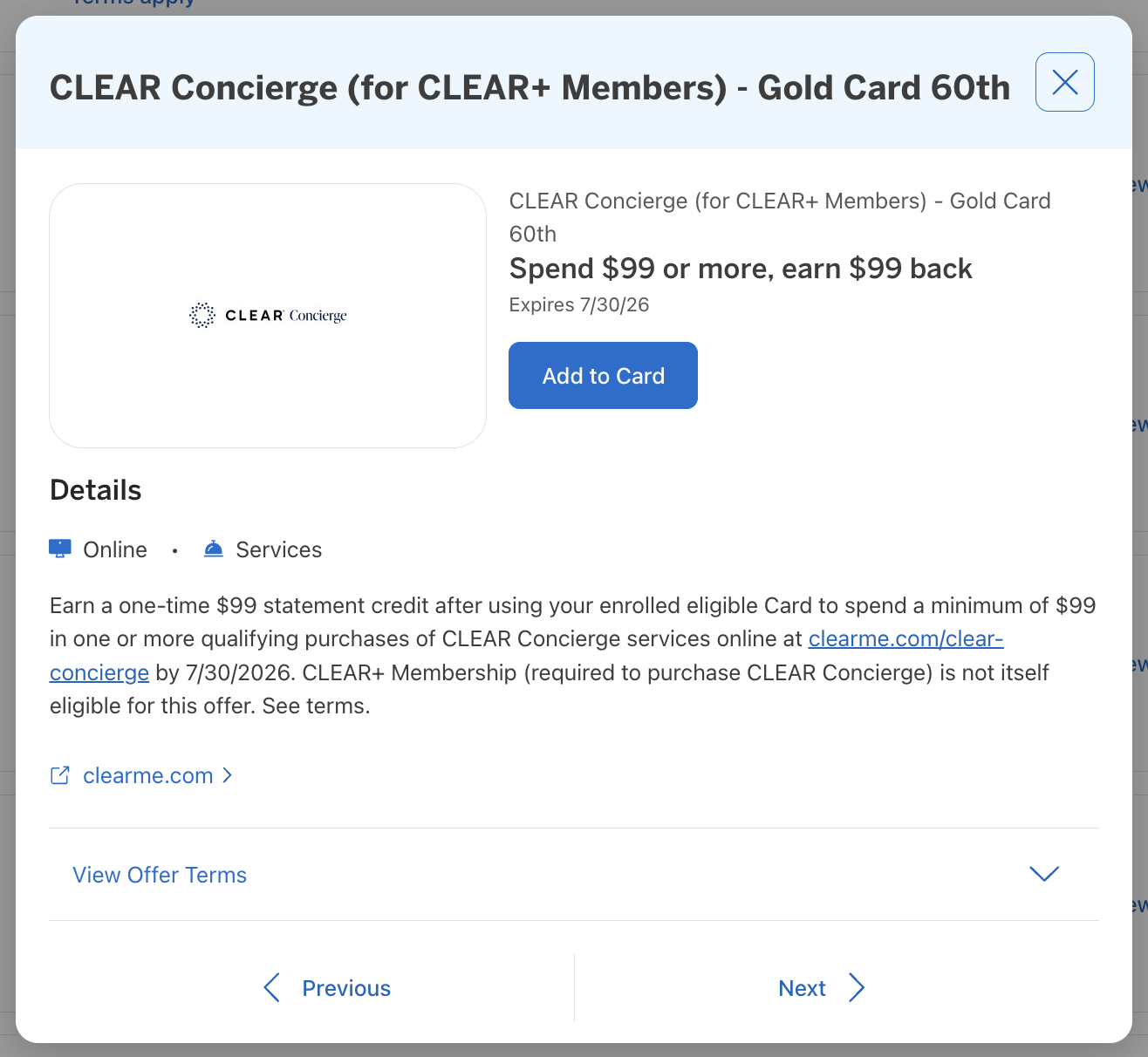 Amex Offer CLEAR Concierge April 2026 Amex Offer CLEAR Concierge April 2026