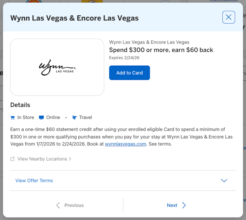 Amex Offer Wynn Encore Las Vegas January 2026