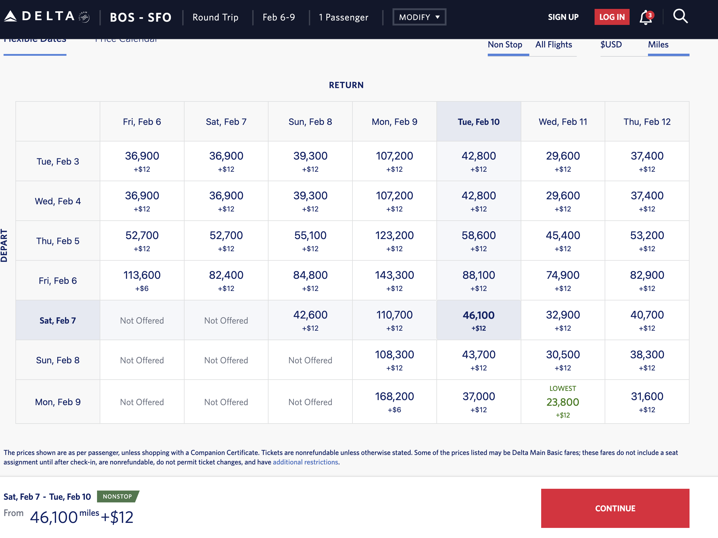 BOS SFO DL award pricing