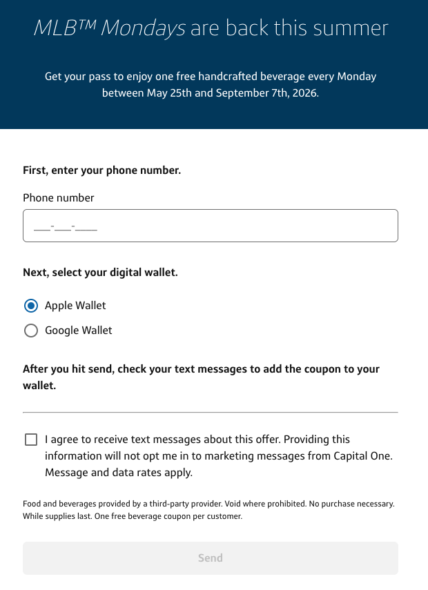 Capital One Cafe free drink MLB 2026