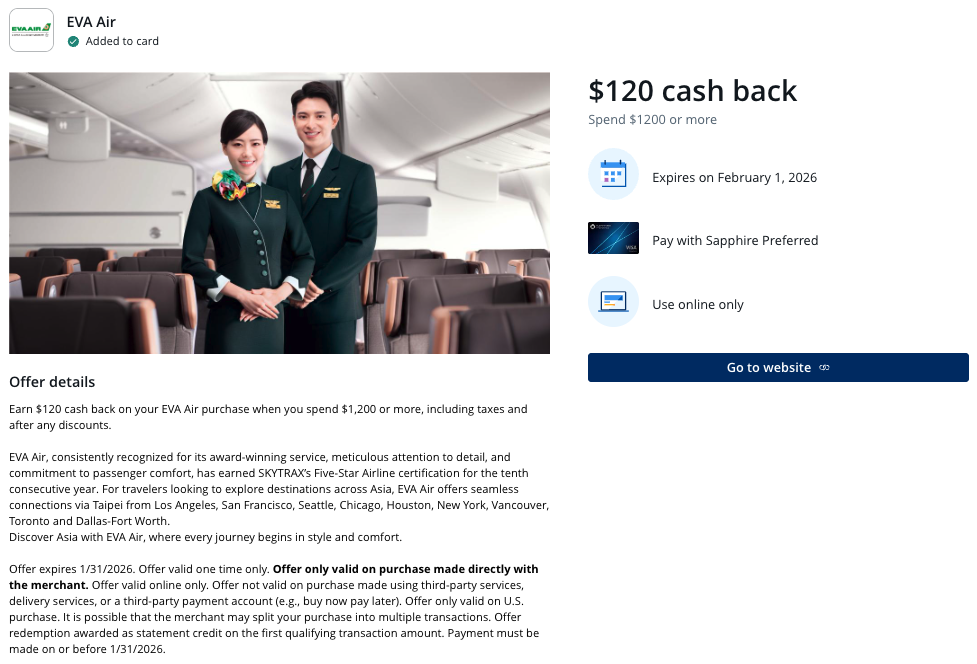 Chase Offer EVA Air January 2026 Chase Offer EVA Air January 2026