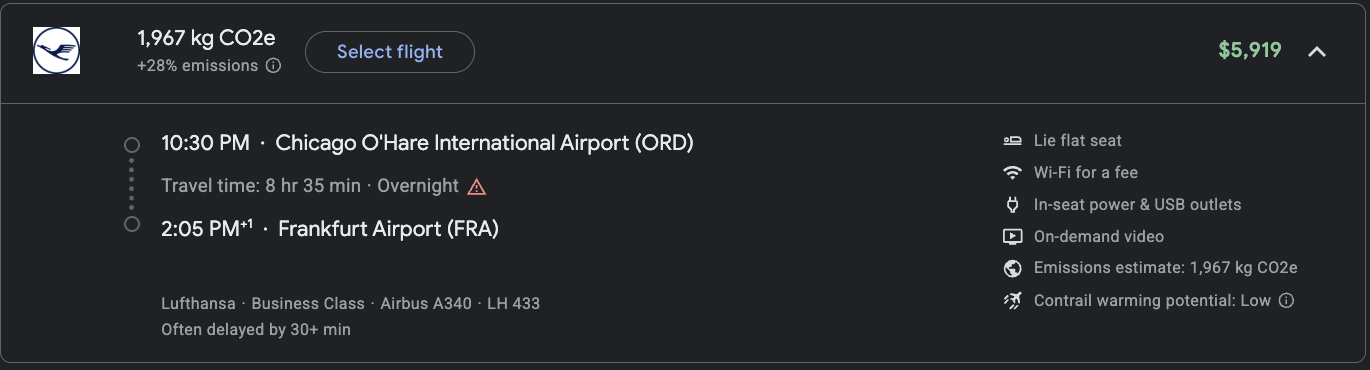 Google Flights ORD FRA Lufthansa business