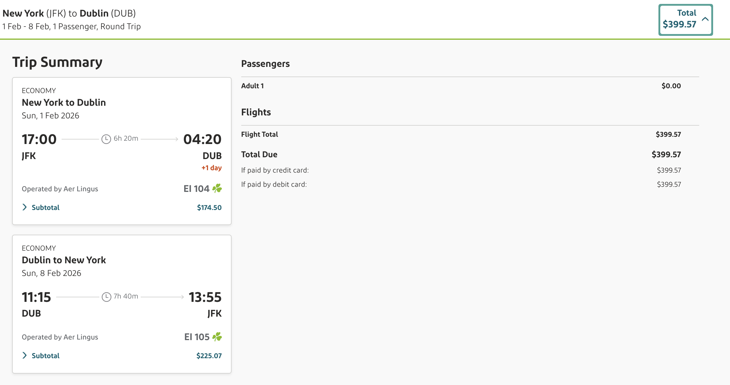JFK DUB Aer Lingus cash rate