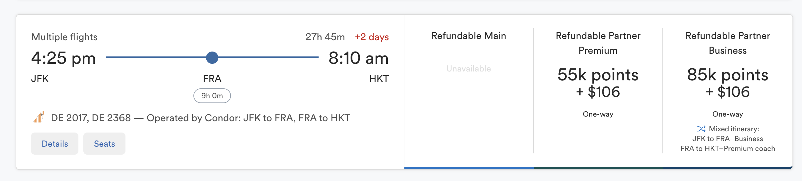 JFK to FRA to HKT cost in points business + PE
