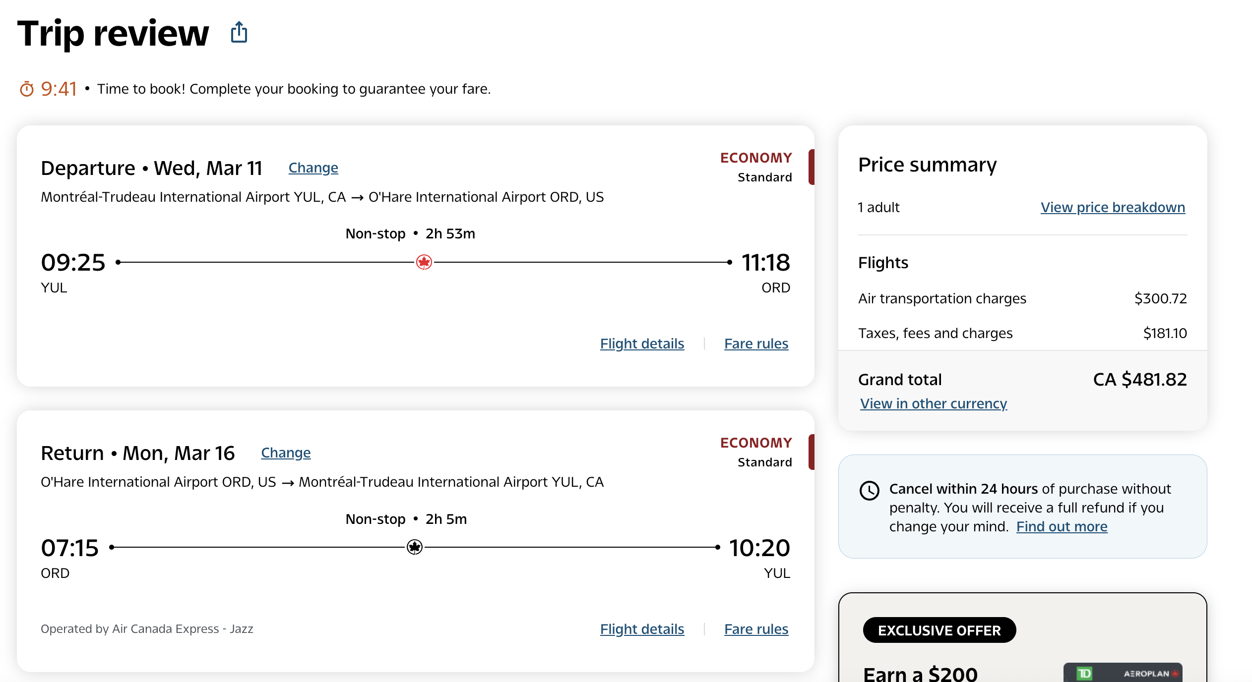 Air Canada YUL-ORD economy fare