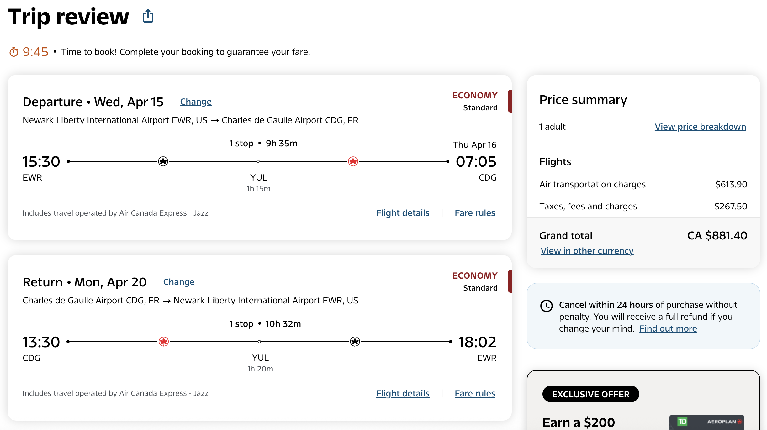Air Canada EWR-YUL-CDG economy fare