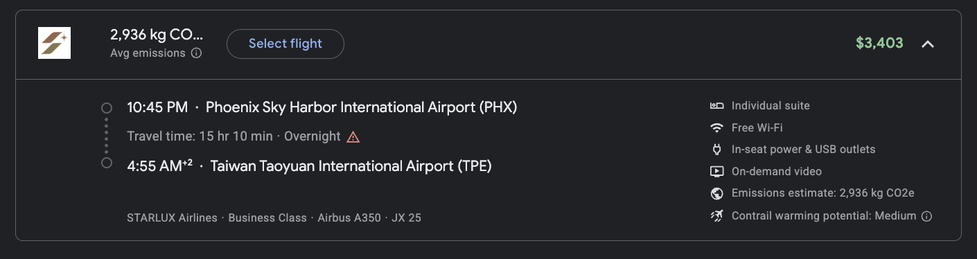 Starlux Airlines business class cash price. Google Flights