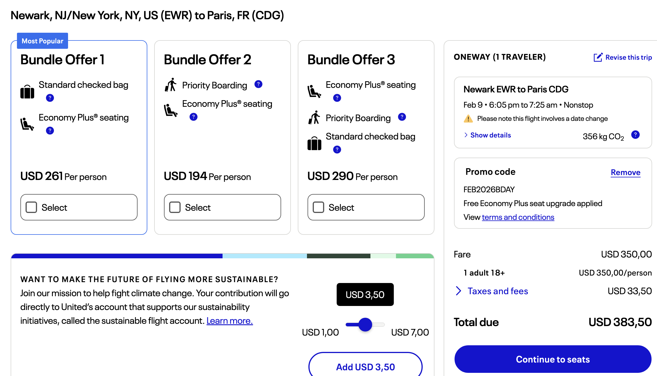 UA Economy Plus EWR CDG