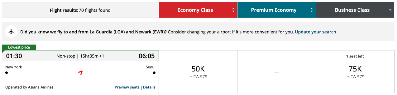Aeroplan JFK ICN 75k business redemption Aeroplan JFK ICN 75k business redemption