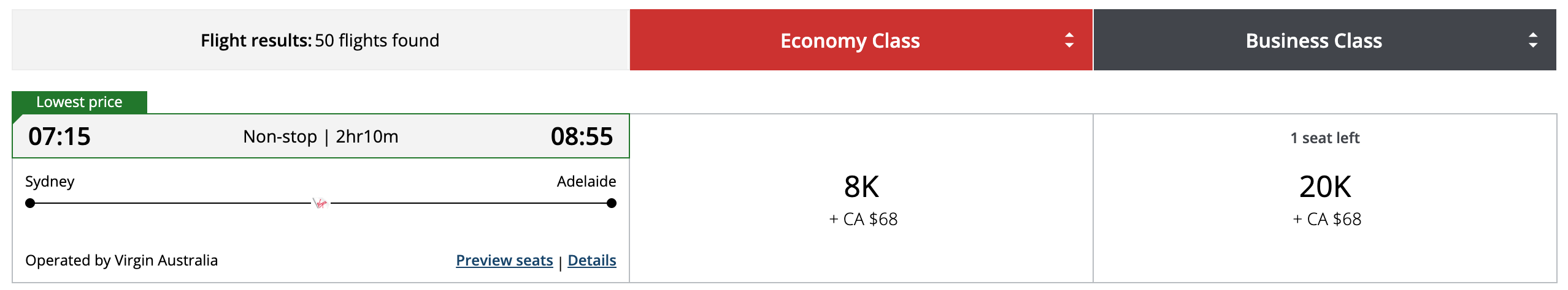 Aeroplan award itinerary from Sydney to Adelaide