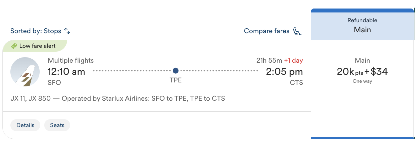 Alaska Atmos 20k one way economy SFO CTS