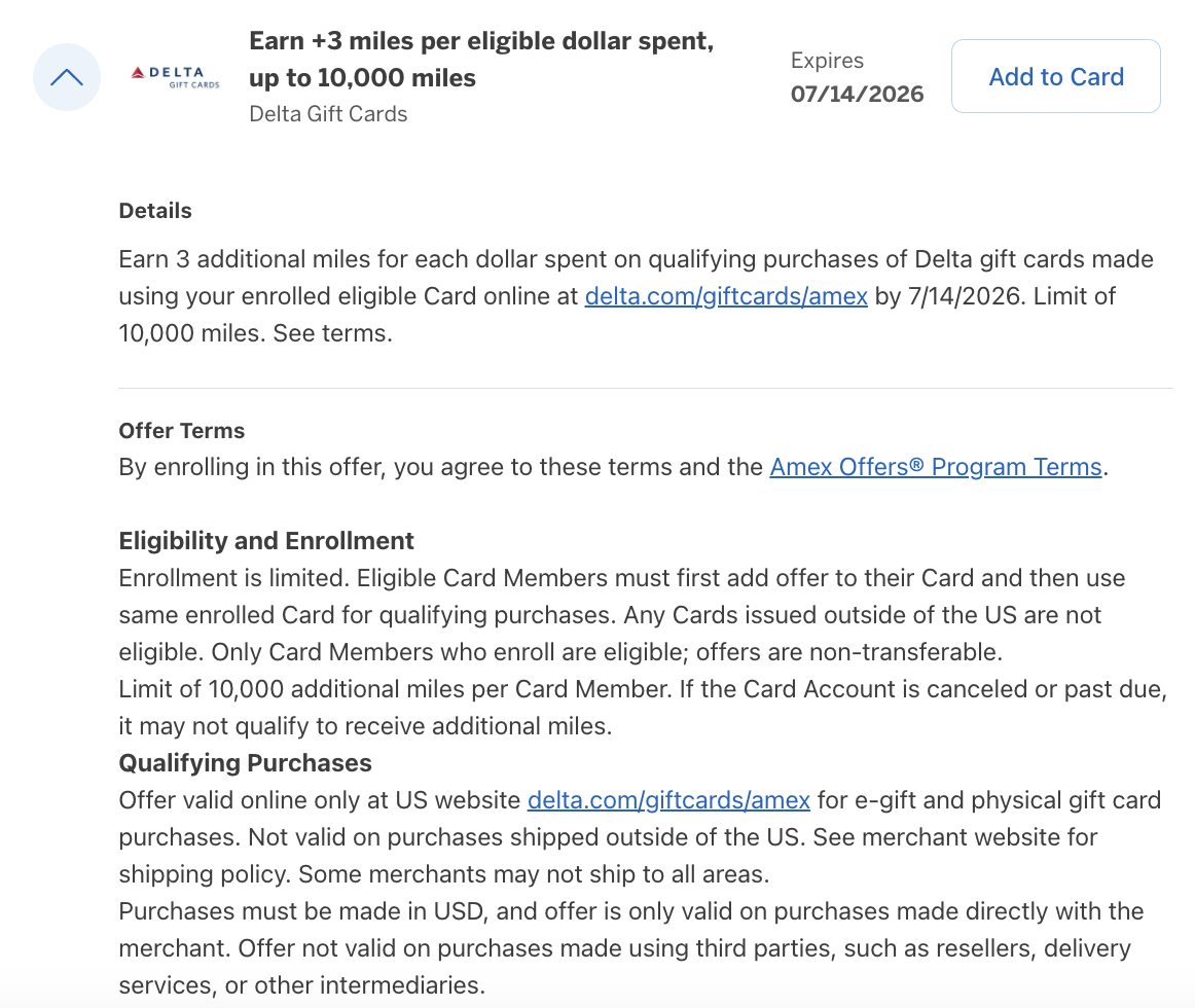 Delta Gift Card Amex Offer