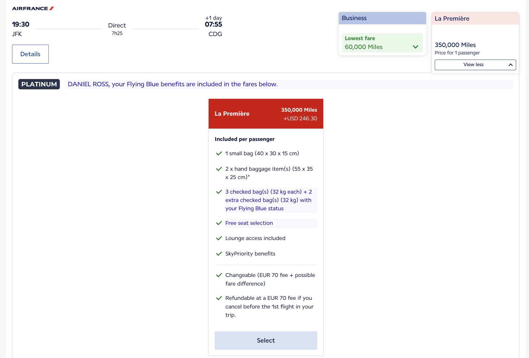 JFK to Paris La Premiere redemption JFK to Paris La Premiere redemption
