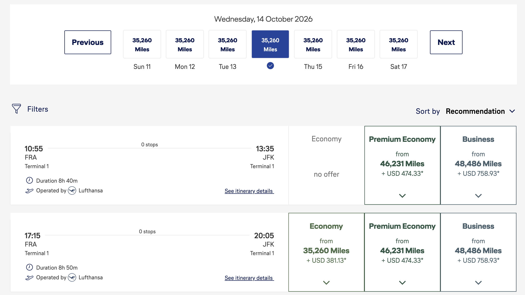 Lufthansa FRA to New York JFK redemption
