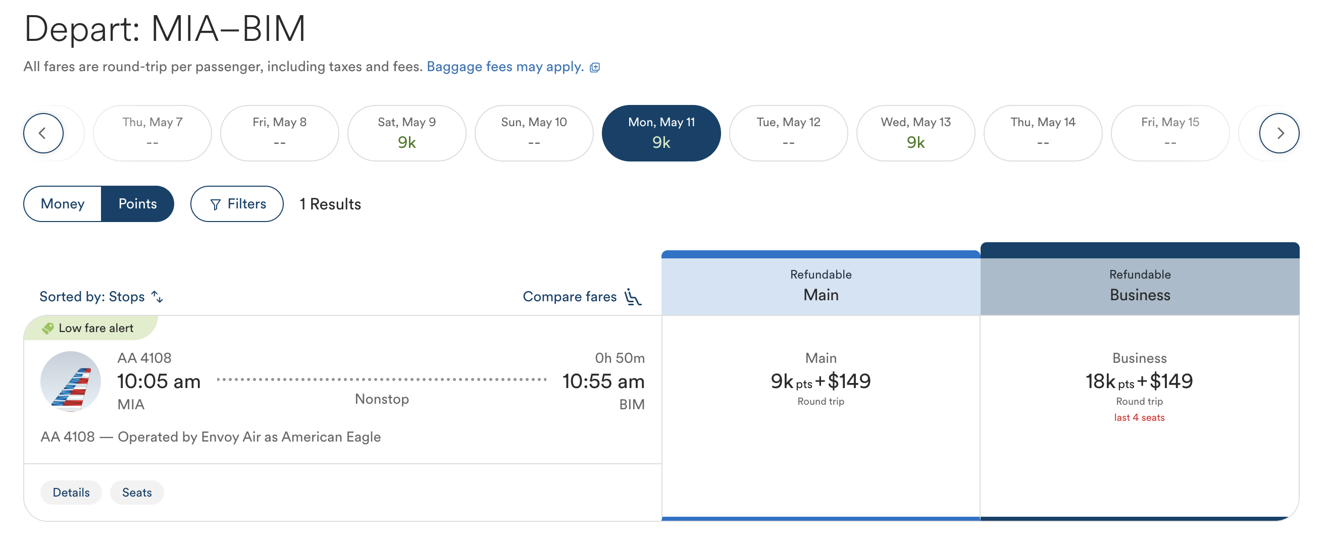 Miami to Bimini flight cost booked through Alaska Atmos