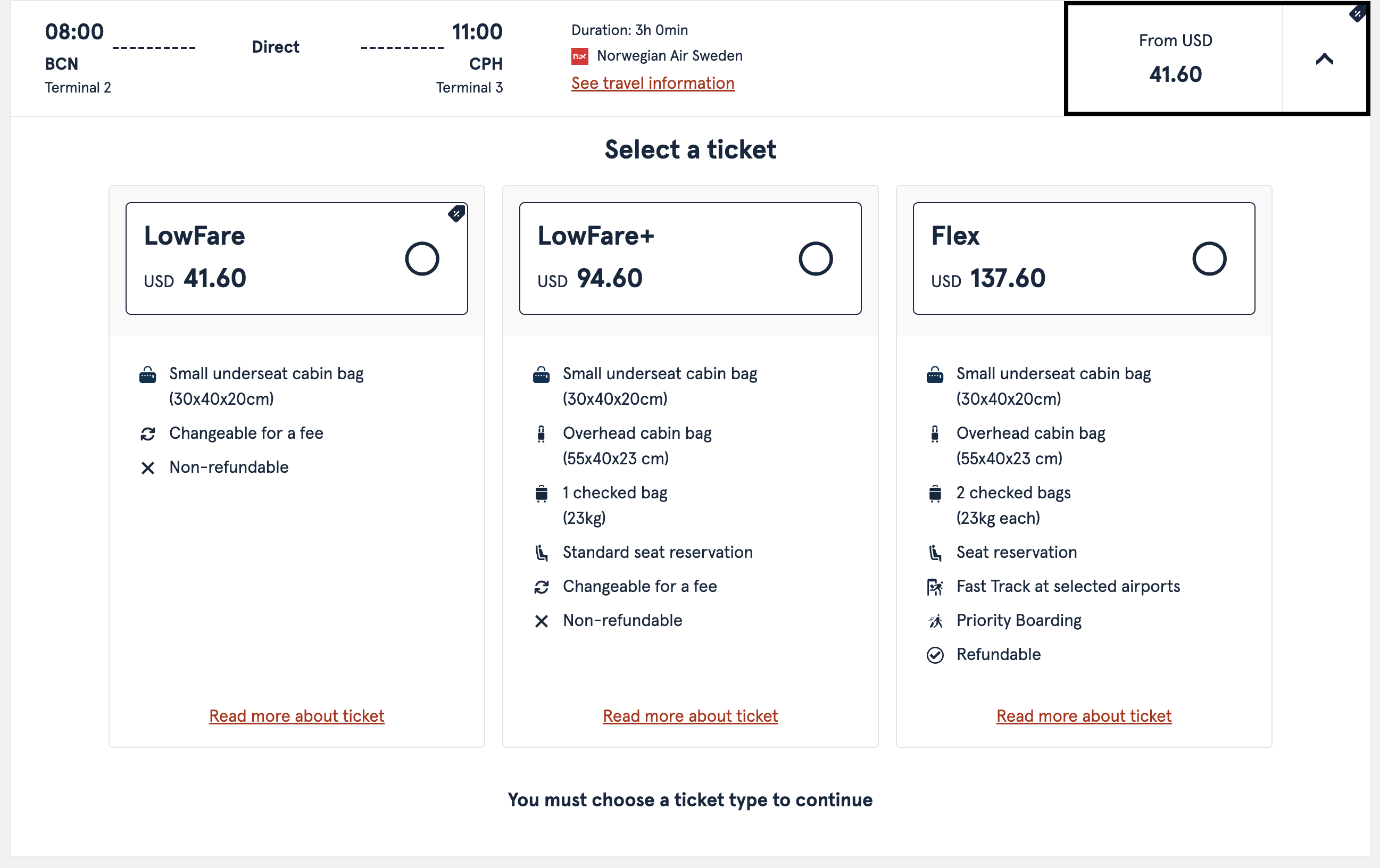 Norwegian fare type comparison BCN-CPH