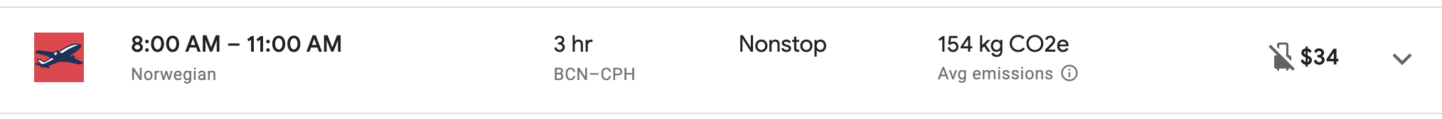 Norwegian flight price BCN-CPH before fees