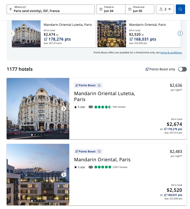 Screenshot Example of Points Boost at Paris hotels