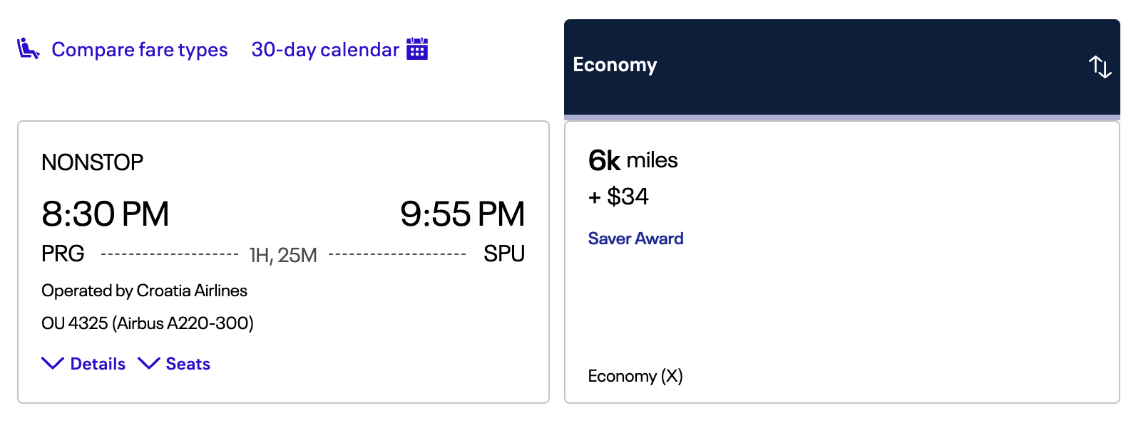 Prague to Split United MileagePlus award itinerary
