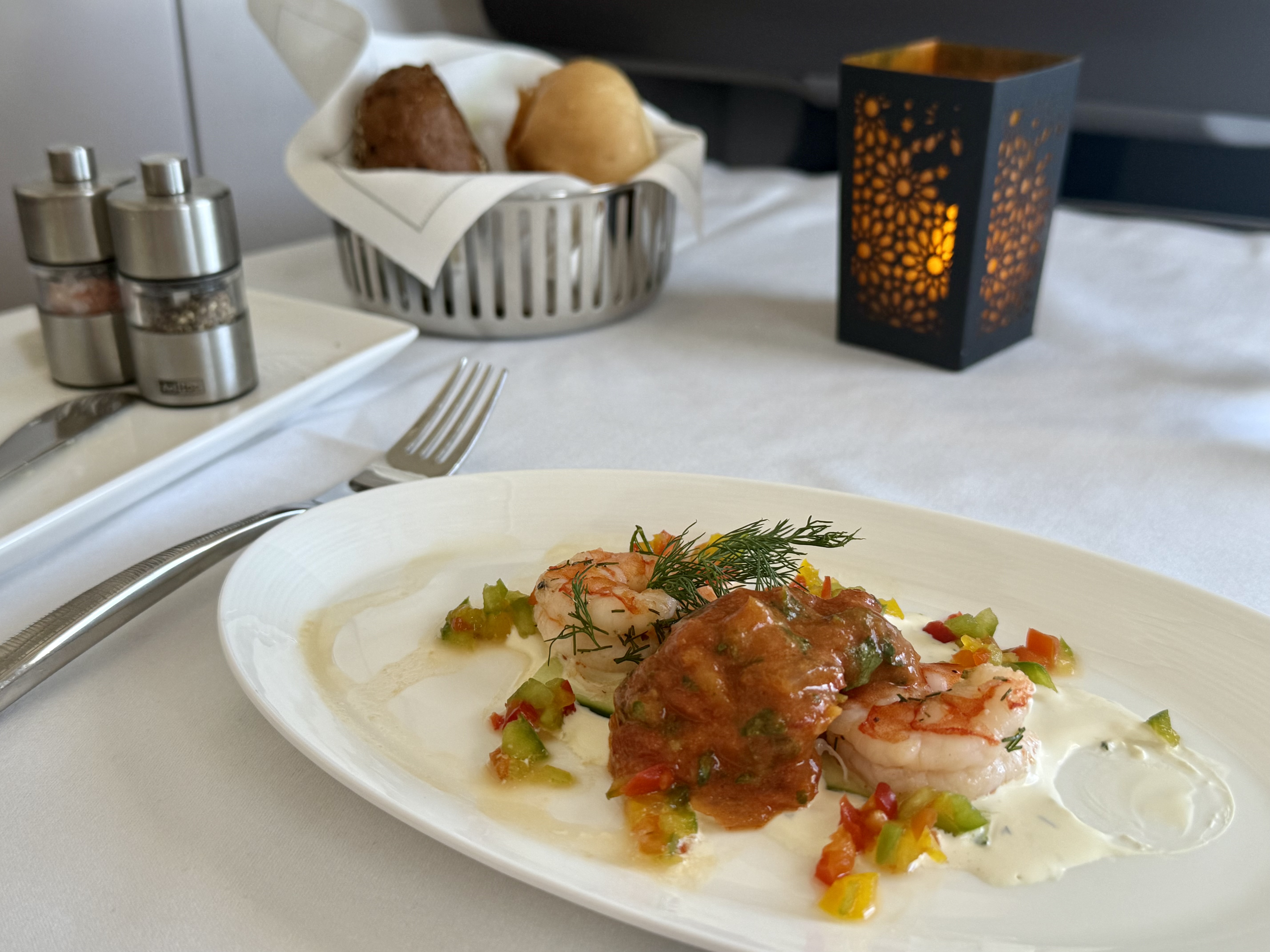 Qatar Airways Airbus A350900 business class prawn starter